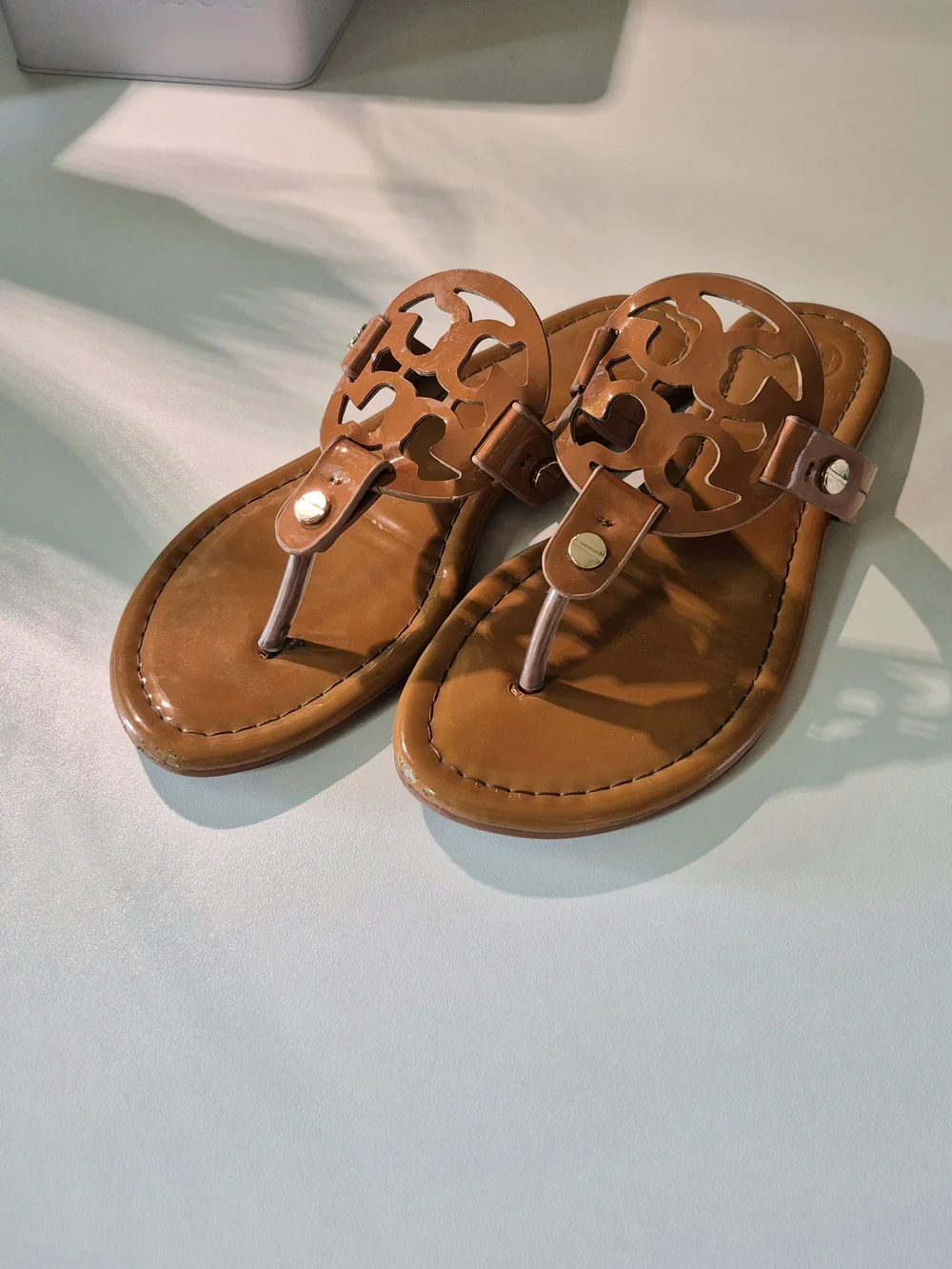 Tory Burch Authentic Patent Leather Brown Miller Logo Cutout Thong Sandals
